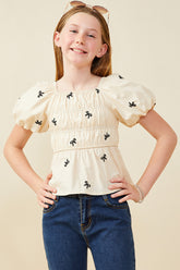 Girls Embroidered Ribbon Smocked Puff Sleeve Peplum Top